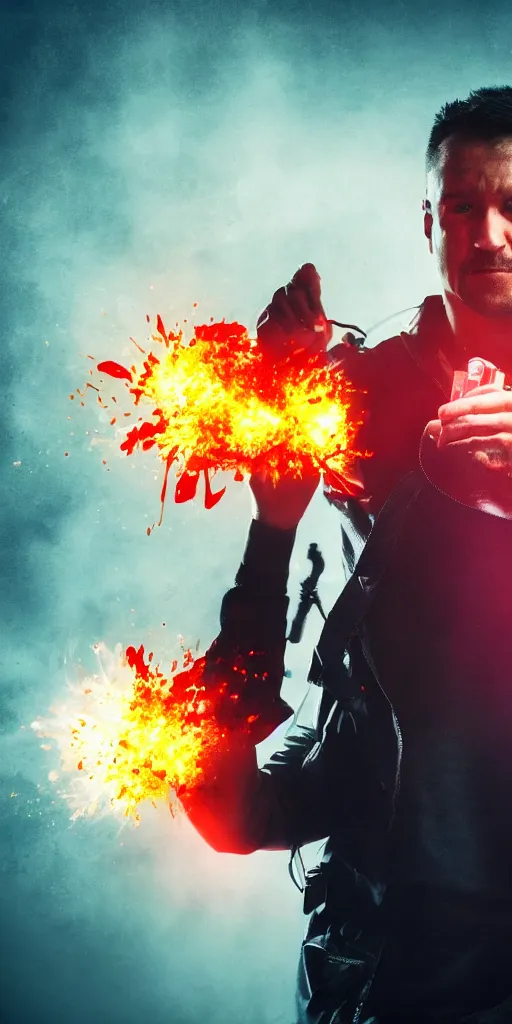 Prompt: Action movie poster with a guy holding a wallet, explosion and red rim light behind, 4K