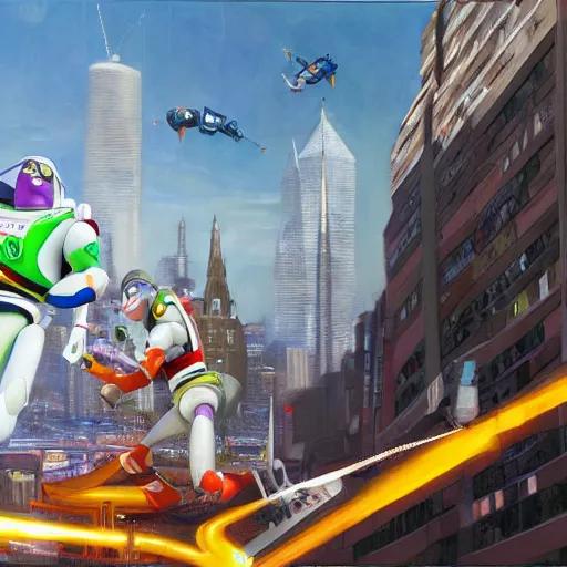 Image similar to buzz lightyear flying around the twin towers, oil on canvas by william sidney mount, octane render