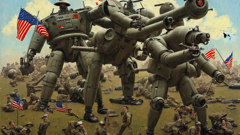 Prompt: America and Japan fight WWII with mechs, in the style of Norman Rockwell, sci-fi illustrations, highly detailed, award-winning, patriotic, american, dark, gritty, oil painting