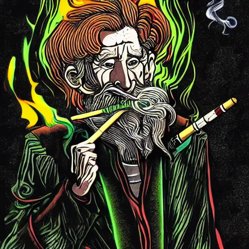 Prompt: Galdalf smoking from his pipe in manga style, lots of smoke, psychedelic colours