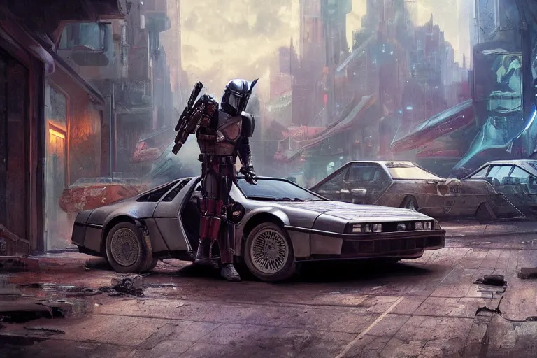 Image similar to photograph of the mandalorian entering a delorean driving down the streets of a cyberpunk abandoned city, wing doors are lifted, by greg rutkowski, by stanley artgerm, by alphonse mucha