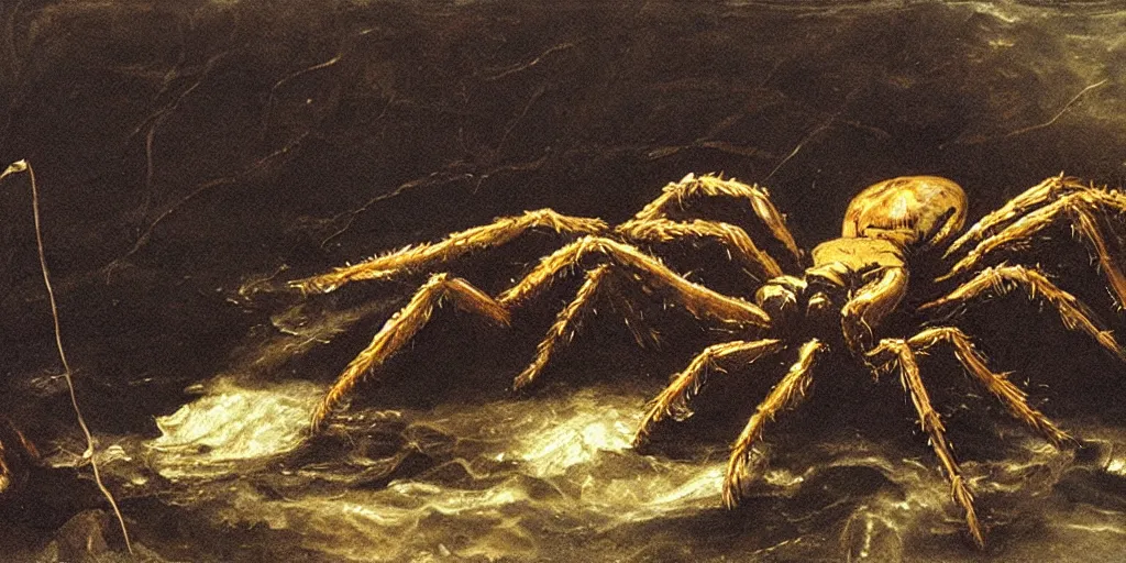 Image similar to hyperrealism Baptism on the river, monster spider in style of Goya