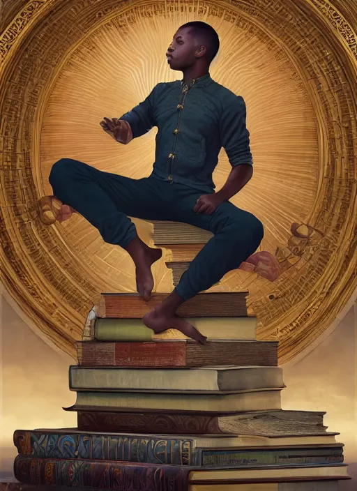 Prompt: young black man sitting lotus style atop a stack of giant books in a grand library, urban clothing, ultra realistic, concept art, intricate, mysterious, highly detailed, digital painting, octane render, 8 k, unreal engine. art by artgerm greg rutkowski charlie bowater magali villeneuve alphonse mucha