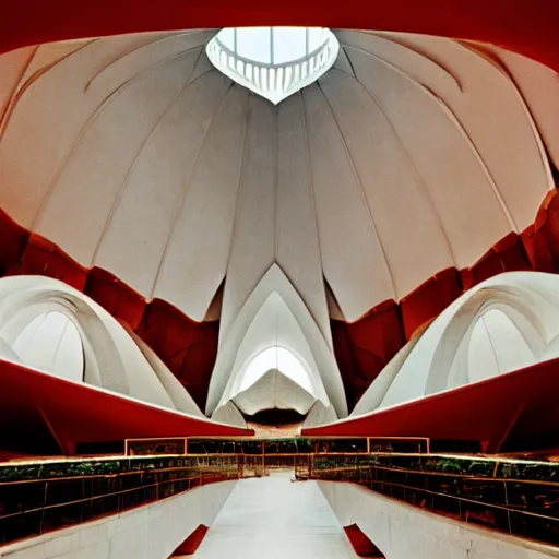 Image similar to interior of a futuristic lotus temple with gold, red and white marble panels, in the desert, by buckminster fuller and syd mead, intricate contemporary architecture, photo journalism, photography, cinematic, national geographic photoshoot