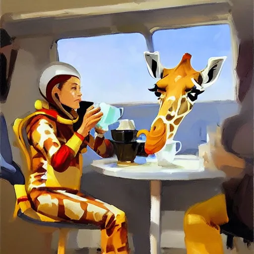 Image similar to a giraffe dressed like an astronaut drinking tea with queen isabel, trending on artstation, art by greg manchess, guangjian, detailed digital art, artstation hd