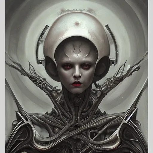 Prompt: by Tom Bagshaw, ultra realist soft painting of giger universe of curiosities, single female Xeno mutation in gothic armor, partial symmetry accurate features, very intricate details, focus, curvy, award winning, ultra dense fog