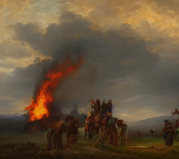 Image similar to landscape portrait of a an immense funeral pyre, with tyler childers throwing dollar bills onto it, by william sidney mount, trending on artstation