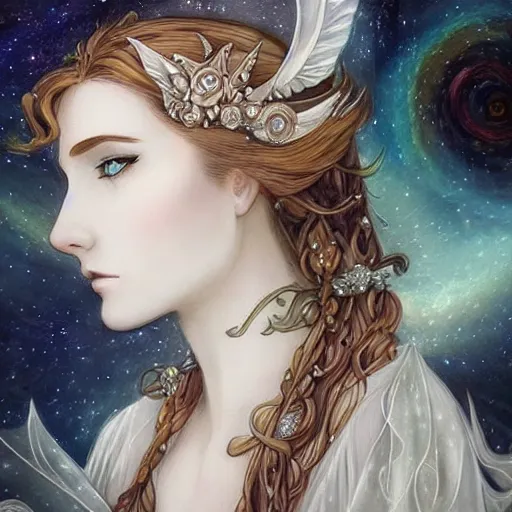 Image similar to seductive eyes, ethereal white witch girl portrait, art nouveau, fantasy, intricate designs, elegant, highly detailed, sharp focus, galaxies, female