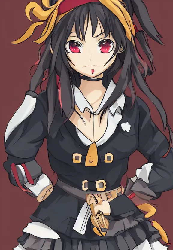 Image similar to wide angle portrait of a female pirate, a cute uniform, somewhat of an anime in noir style, trending artwork, made with anime painter studio, by noir and an anime artist, collaboration