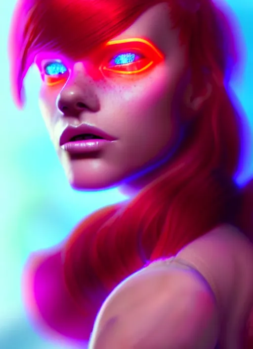 Image similar to an extremely beautiful redhead american female humanoid with freckled cheeks, cyber neon lighting, by loish, d & d, fantasy, futurism, cyberpunk fashion clothes, elegant profile posing, perfect anatomy, hyper photorealistic, digital photography, artstation, pinterest, concept art, art by pascal blanche and greg rutkowski,