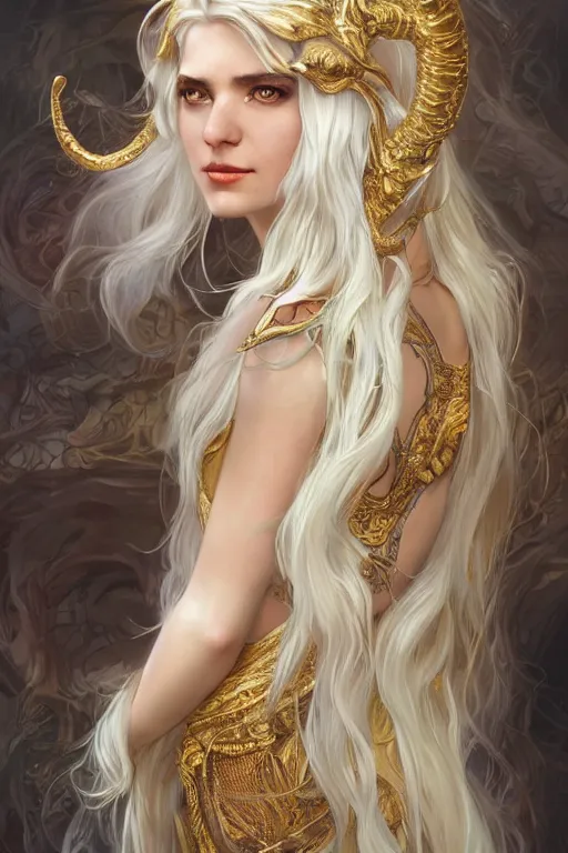 Image similar to fullbody!! of a beautiful woman with long white hair, big natural horns on her head, long flowing intricate dress, gold jewellery, dnd, face, fantasy, intricate, elegant, highly detailed, digital painting, artstation, concept art, smooth, sharp focus, illustration, art by artgerm and greg rutkowski and alphonse mucha