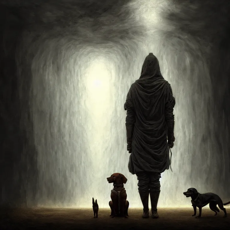 Image similar to renaissance professional digital art of a traveler with a faithful dog, symmetrical face, atmospheric lighting, painted, complex, detailed, detailed, foreboding, mysterious, leesha hannigan, wayne haag, reina rocin, ignacio fernandez rios, mark ryden, iris van herpen, epic, stunning, magnificent, very wow, cinematic, masterpiece.