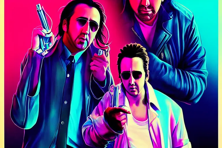 Image similar to young nicolas cage from wild at heart starring in “ miami vice ” movie poster artwork, 4 k digital art, neon, 8 0's style artstation, concept art, smooth, sharp focus, illustration, artgerm