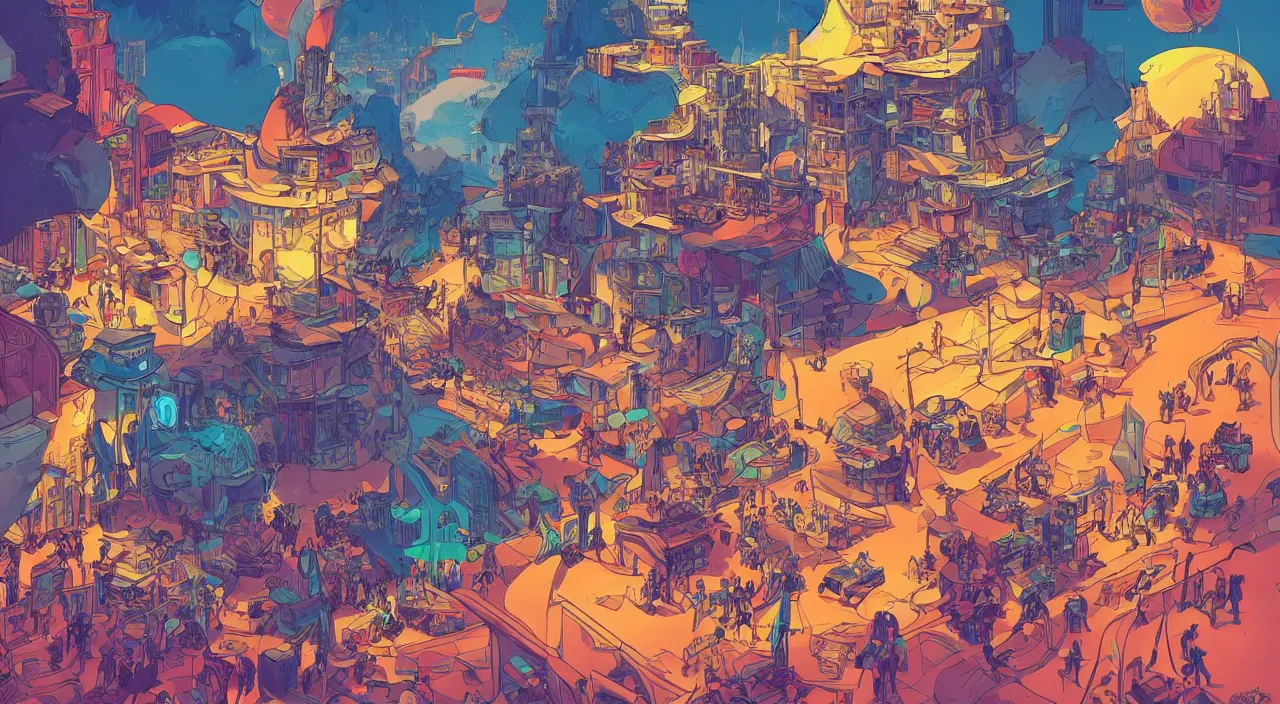 Image similar to vector cutout bazaar zouk oriantal multicolorful sky shine place mosquet painting stylized digital illustration video game icon global illumination ray tracing in borderlands by victo ngai, andreas rocha, john harris and feng zhu and loish and laurie greasley