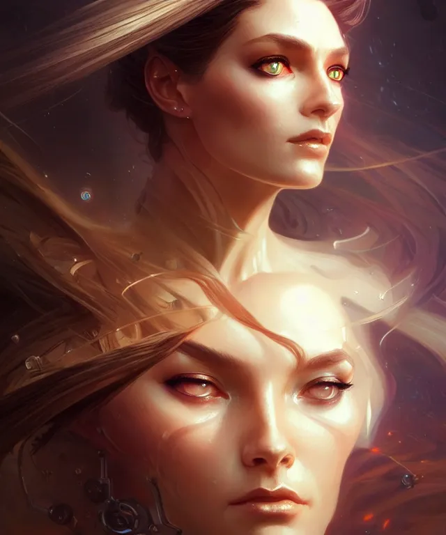 Image similar to futuristic woman portrait, sci-fi, amber eyes, face, long hair, fantasy, intricate, elegant, highly detailed, digital painting, artstation, concept art, smooth, sharp focus, illustration, art by artgerm and greg rutkowski and alphonse mucha