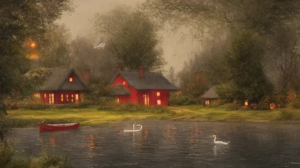Prompt: small red wooden cottage by the lake, lanterns in the front of the cottage, smoke coming out of the chimney, dusk, birch trees, tranquility, two swans swimming in the lake, two swans, a wooden rowing boat, by Greg Rutkowski, by Charlie Bowater