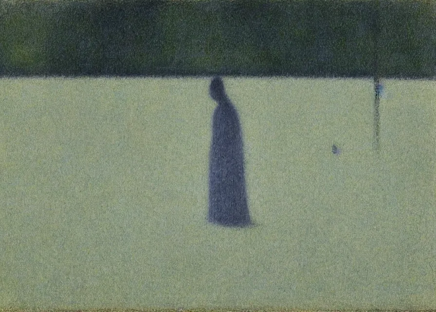 Prompt: white sheet ghost standing in an empty field, by georges seurat