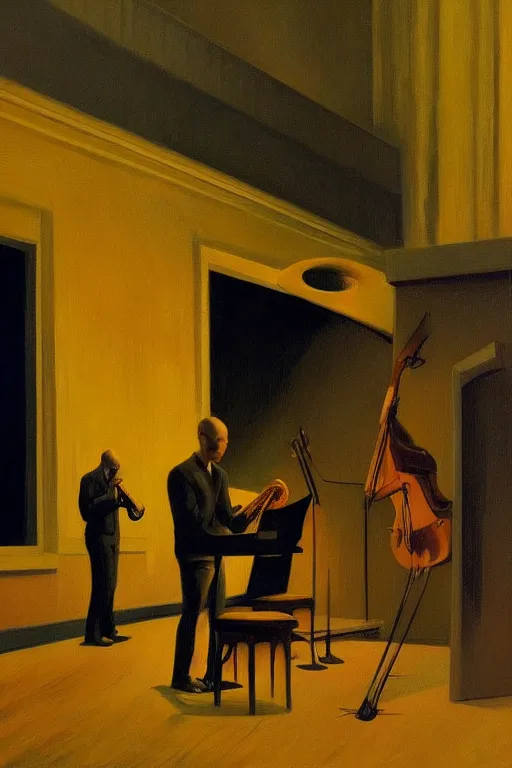 Prompt: a Jazz music and beat poetry performance on night club, Edward Hopper and James Gilleard, Zdzislaw Beksisnski, highly detailed