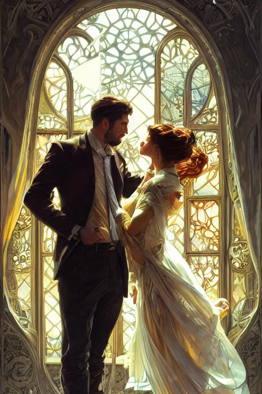 Image similar to portrait of a man in dhl van hugging his wife, feelings, romantic, fantasy, intricate, elegant, highly detailed, digital painting, artstation, concept art, smooth, sharp focus, illustration, art by artgerm and greg rutkowski and alphonse mucha