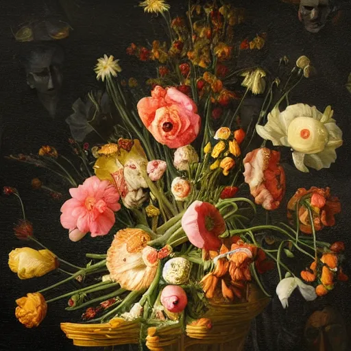Image similar to disgusting disturbing dutch golden age bizarre floral still life with many human toes sprouting up everywhere by rachel ruysch black background chiaroscuro beautiful dramatic lighting perfect composition high definition 8 k 1 0 8 0 p