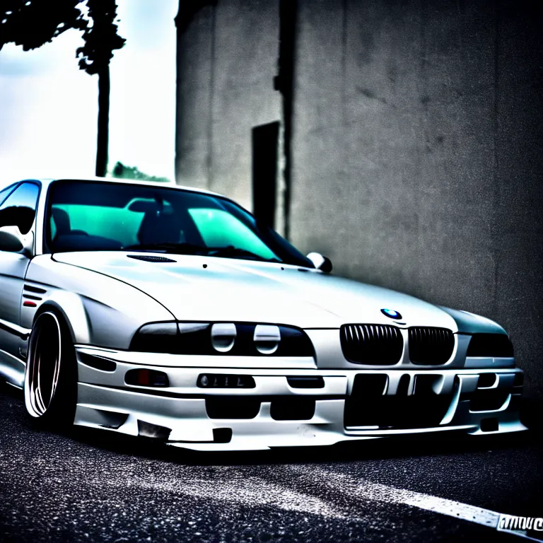 Image similar to close-up-photo BMW E36 widebody illegal JDM meet, Saitama prefecture, misty night, cinematic color, photorealistic, high detailed wheels, highly detailed bodywork,