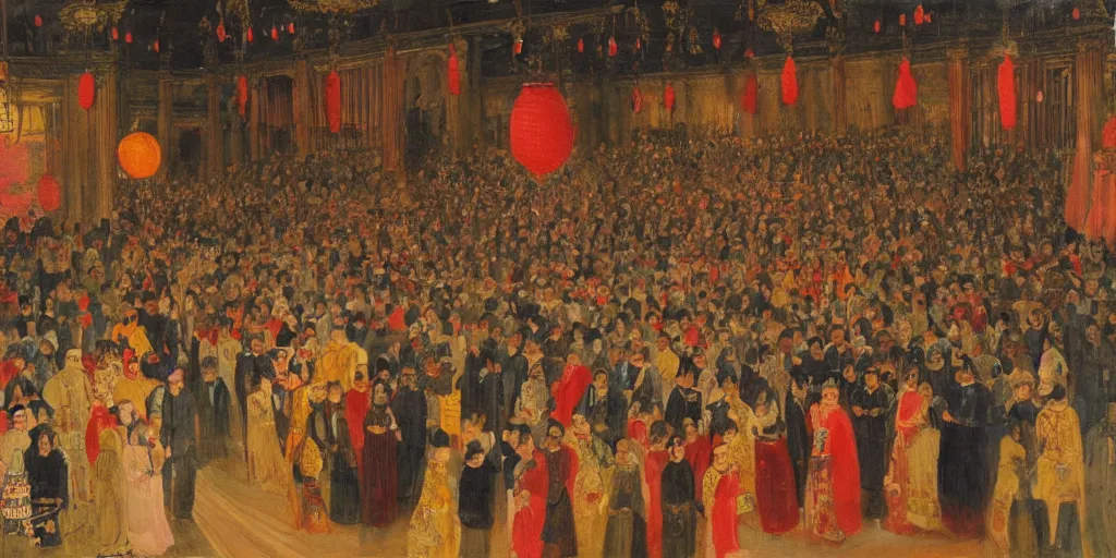 Image similar to night ceremony in the palace, crowd, happy faces, lanterns, detailed, oil - paint