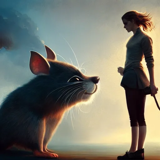 Prompt: emma watson standing in front of a giant mouse, digital art by greg rutkowski, artstation, sharp focus, intricate, detailed, but as photography by steve mccurry