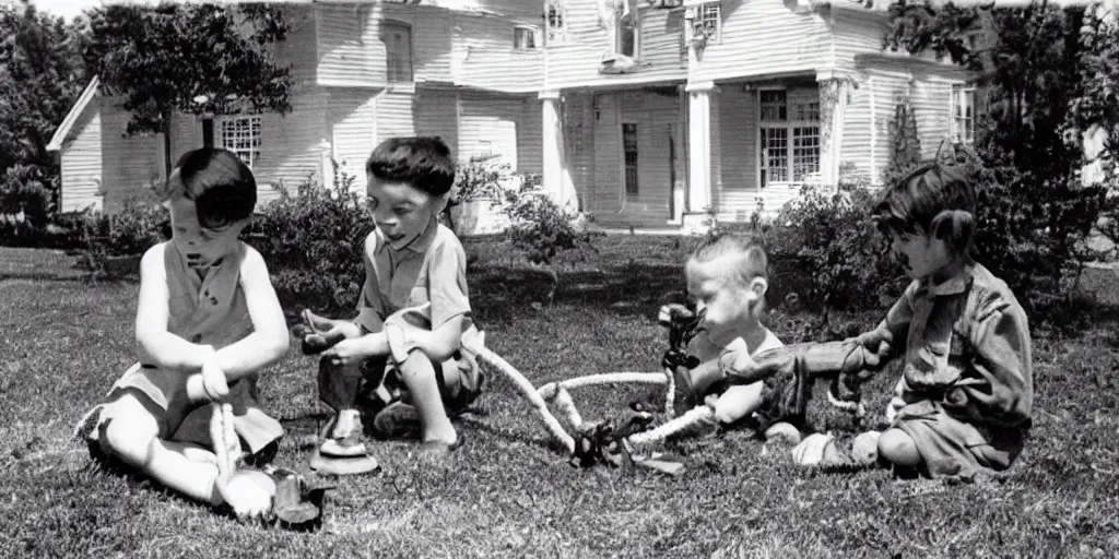 Prompt: two kids playing with lovecraftian toy in their front yard, 1 9 5 0 s picture