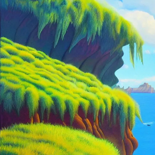 Image similar to painting of a lush natural scene on an alien planet by april gornik. beautiful landscape. weird vegetation. cliffs and water.