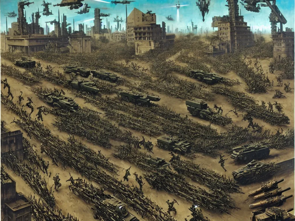 Image similar to armies marching parade with infantry, vehicles and rocket launchers, futuristic alternate timeline, communist hordes, art by max ernst