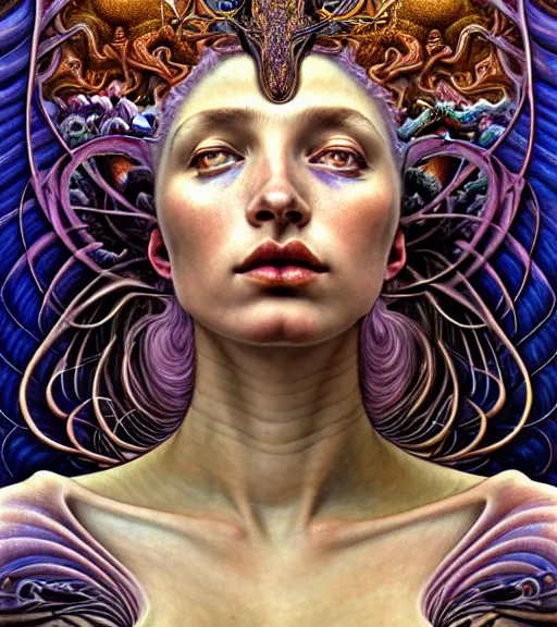 Image similar to detailed realistic beautiful young groovypunk queen of andromeda galaxy in full regal attire. face portrait. art nouveau, symbolist, visionary, baroque, giant fractal details. horizontal symmetry by zdzisław beksinski, iris van herpen, raymond swanland and alphonse mucha. highly detailed, hyper - real, beautiful