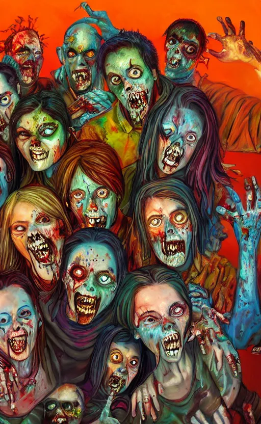 Prompt: beautiful detailed painting of a group of friends dressed as zombies.. vibrant, high quality, vibrant colors, very funny, beautiful, hq. hd. 4 k. award winning. trending on artstation