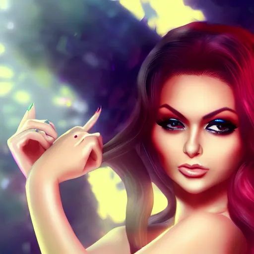 Image similar to portait of haifa wehbe, sensual good looking, long hair centred, hd, very detailed curve, unreal engine, sailor moon style, amazing background, rending artstation