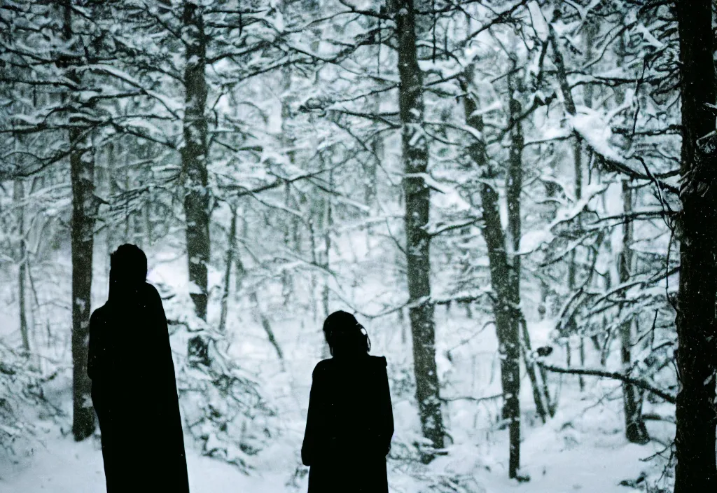 Prompt: lomo photo of a female silhouette standing in front of a snowy cabin, cinestill, bokeh, out of focus, day, dramatic lighting