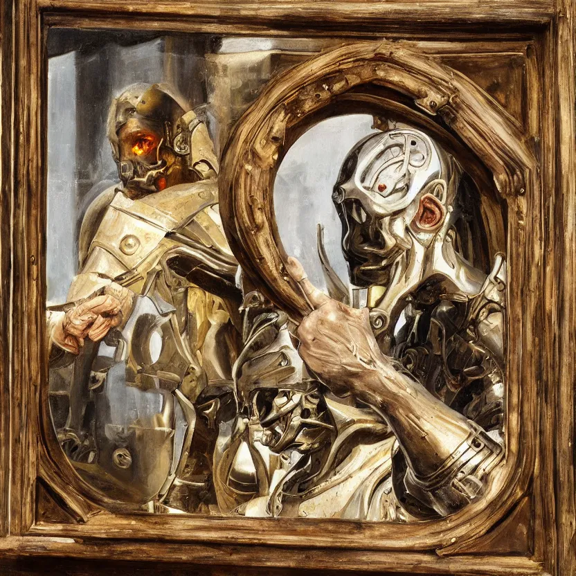 Image similar to oil painting of a medieval cyborg looking its reflection on a big mirror, mechanism visible symmetric defined ultra hd realistic tones