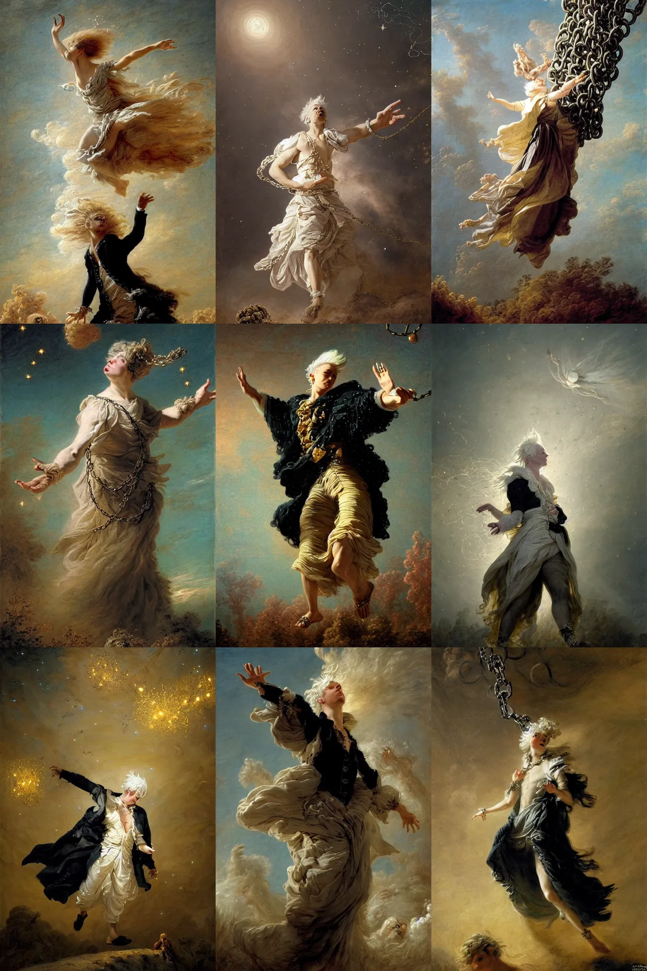 Prompt: briareus with light white hair and a black vest, windy, chains on hands, flying hands in background, stars, stoic, modern maximalist fashion dress, is ( ( with arms half lifted toward us ) ). light dust, magnificent, hyperdetailed, theatrical, painted by jean honore fragonard and greg rutkowski