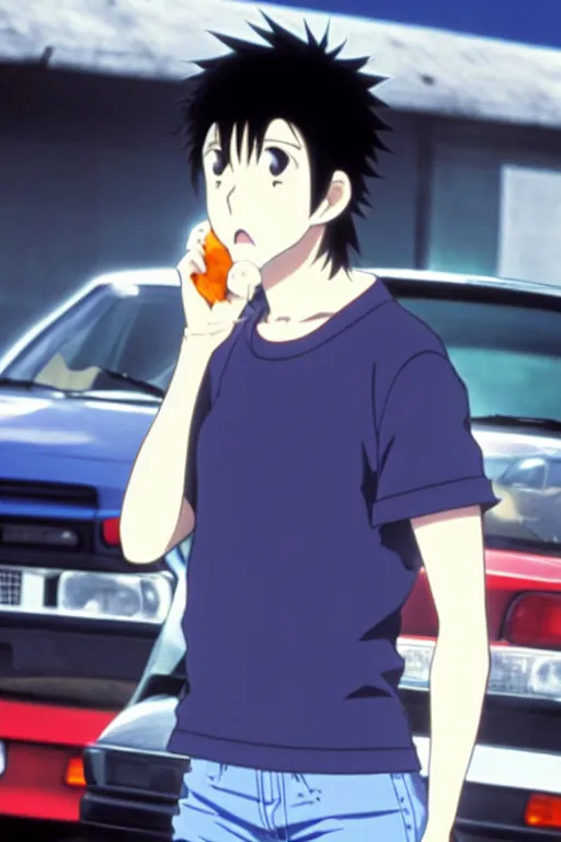 Prompt: very serious ryosuke takahashi with black hair wearing a dark blue shirt and white pants eating a cheeseburger stands leaning on his white mazda rx 7, initial d anime screenshot, initial d anime 1 0 8 0 p, detailed anime face, high detail, 9 0 s anime aesthetic
