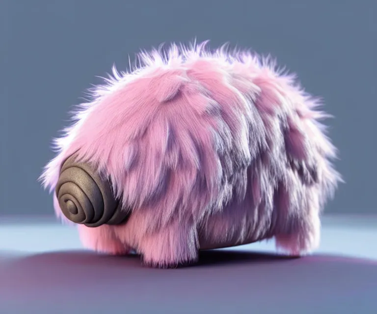 Image similar to high quality 3 d render hyperrealistic very cute small tardigrade, plush mascot, short spiky dense fluffy smooth hair, photo from the side, pink fluffy fur, 1 5 0 mm, beautiful natural soft light, rim light, vray, smooth background, artstation, ultra detailed