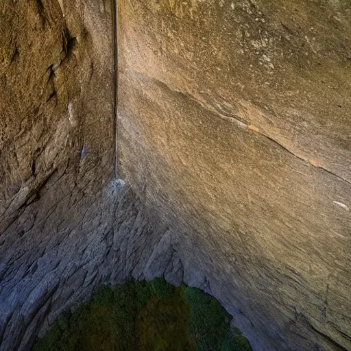 Image similar to vast interior chamber of a large, natural gorge, sunlight visible from above