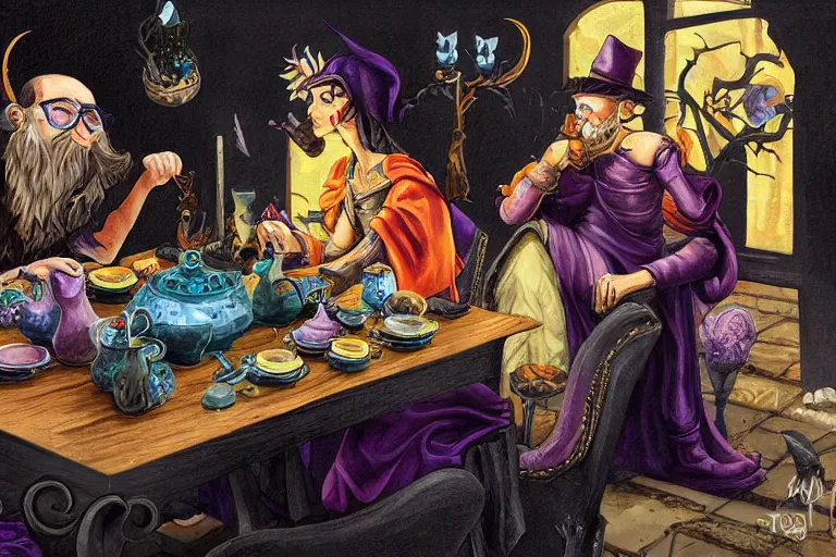 Prompt: Liz (sorceress), Tim (bearded alchemist) having tea with the Voidlings (creatures of the void) | fantasy painting