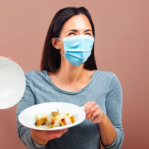 Image similar to woman with a nose mask, eating a plate of soy