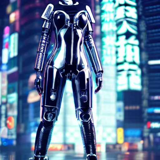 Image similar to An epic comic hyperrealistic illustration of a asia cyber warrrior girl wearing futuristic wardrobe, black and silver, ultradetailed face expression trending on artstation and artbreeder, cyberpunk 2077 color, heavy rainning at tokyo street night, neon light, DAZ, 8k, unreal 5 engine render, cosplay, RPG portrait, final fantasy Vll world concept, dramatic lighting, rim lights, PS5 render quality