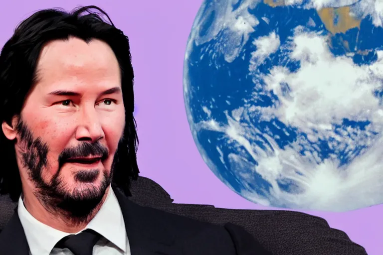 Image similar to Keanu Reeves sitting on a chair and drinking tea and watching the earth on the moon, 4k