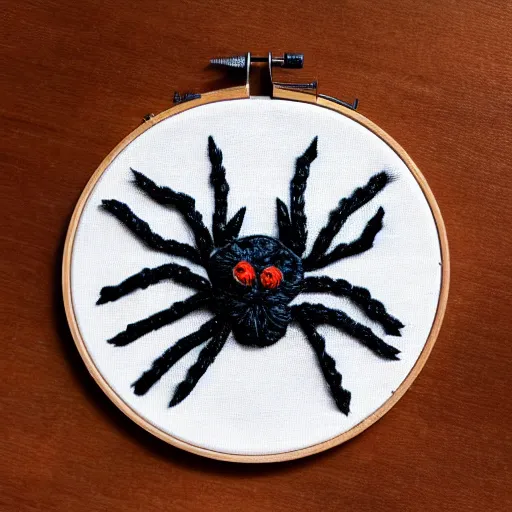 Prompt: a tattered handmade embroidery of a scary spider. hand embroidery.