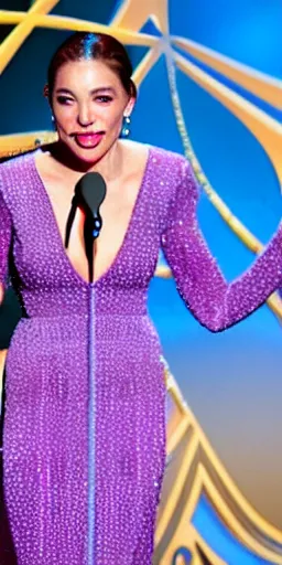 Image similar to an actress giving academy awards acceptance speech in the spotlight on the stage