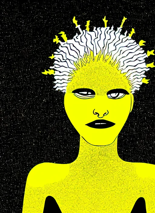 Image similar to highly detailed closeup portrait of wasteland wavy glowing yellow and white plasma hair cute happy tribal lady, stray electric spark wiring by jean jullien, 4 k resolution, gradient yellow, black and white color scheme!!! ( ( dystopian city background ) )