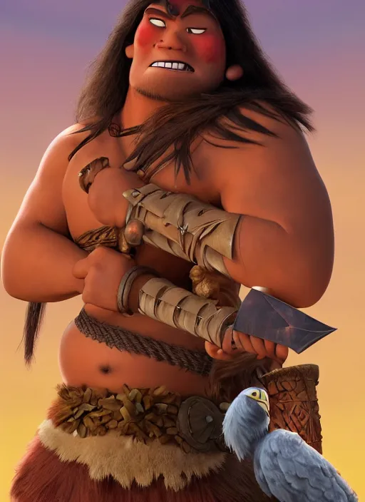 Prompt: teenage conan the barbarian resting on his sword, smiling arrogantly at a vulture. desert background. digital art. animated feature. 3 d pixar and disney!! in the style of pixar, moana, jeff pidgeon, glenn mcqueen, and tony fucile.