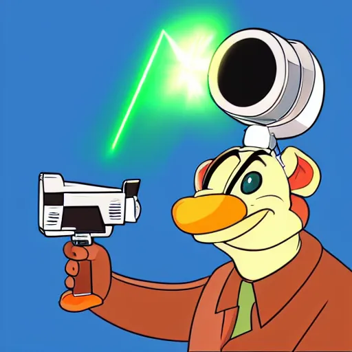 Image similar to “portrait of a cartoon animal, Disney style, pointing a laser gun at the camera”