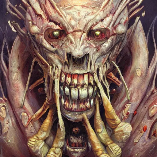 Prompt: phyrexian bio-mechanical abomination, exposed teeth, undead, oil painting, portrait, intricate complexity, rule of thirds, in the style of Adam Paquette, Svetlin Velinov, Daarken, Artgerm, Keith Thompson, and Eric Deschamps, magic the gathering art, character concept