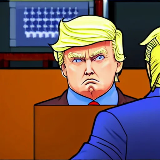 Image similar to donald trump being judged in phoenix wright, ace attorney, 4 k, high quality